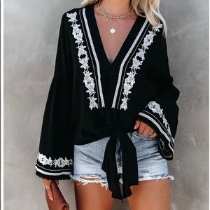 VICI Tea Shop Embroidered Tie Top - Size Medium